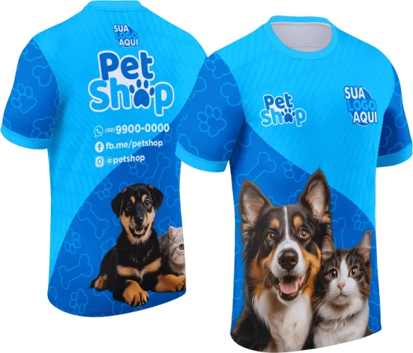 Camisa com logo no peito e estampa grande nas costas, ideal para profissionais de pet shop em banho e tosa, destacando estilo e identidade no ambiente de trabalho.