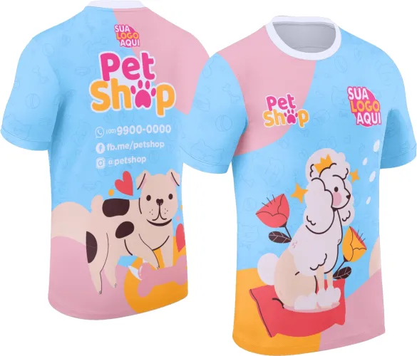 Arte para uniforme de pet shop com visual moderno, desenvolvida para personalização comercial.