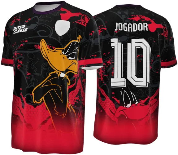 Camisa preta com degradê vermelho com grande figura do Patolino em amarelo na frente, texto INTER CLASSE e escudo branco. Costas exibem número 10 estilizado branco, nome JOGADOR e Patolino vermelho no fundo.