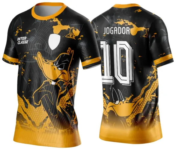 Camisa preta com gola e punhos amarelos, mostra Patolino grande na frente com detalhes amarelos e o texto INTER CLASSE; nas costas, número 10 branco e texto JOGADOR, além de Patolino menor e mesma combinação de cores