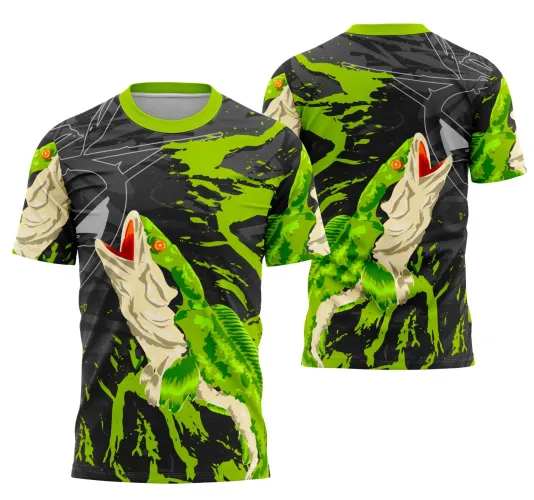 Camisa preta com detalhes em verde, mostrando um peixe predador verde com boca aberta e olhos laranja na frente e costas, com textos INTER CLASSE e JOGADOR nº 10.