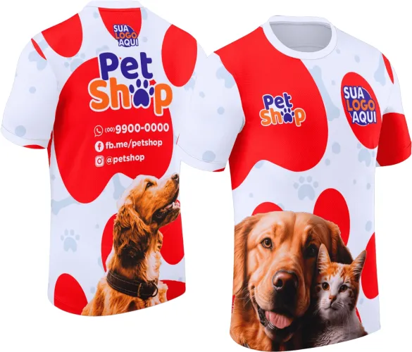 Camisa com logo no peito que representa um pet shop e estampa grande nas costas com elementos divertidos e coloridos de animais, transmitindo profissionalismo e amor pelos pets.
