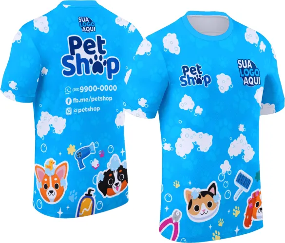 Arte para camisa de equipe de pet shop, com estilo funcional e adequado para uso profissional.
