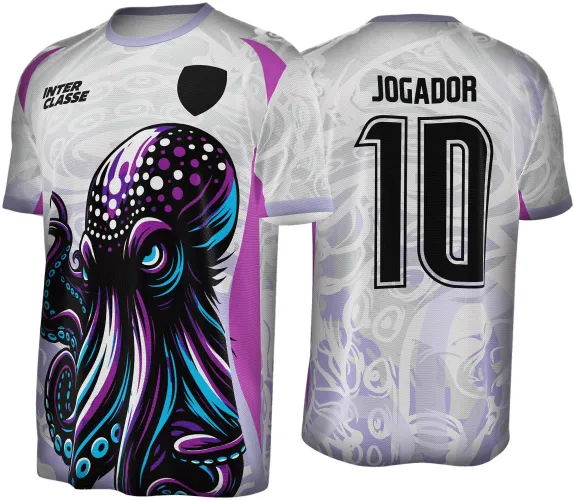 Camisa esportiva com um grande polvo nas cores preta, roxa e azul na frente, fundo branco com detalhes lilás, texto INTER CLASSE no peito, escudo preto, costas com inscrição JOGADOR e número 10 em preto.