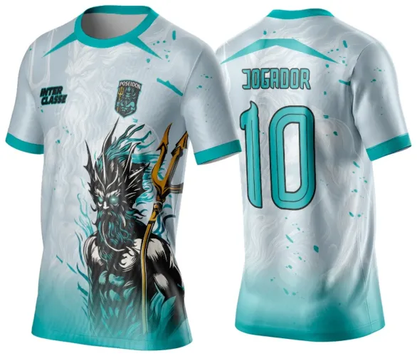 Camisa branca com degradê verde água apresentando o mascote Poseidon segurando tridente na frente, escudo Poseidon e texto INTER CLASSE. Nas costas, o texto JOGADOR e número 10 em verde água com contorno preto.