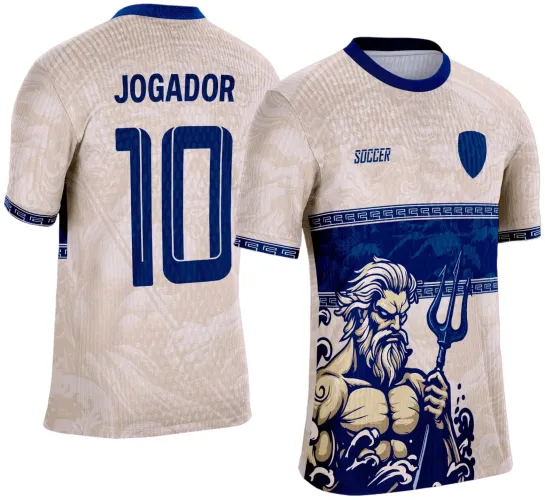 Camisa com frente bege e faixa azul central destacando Poseidon com tridente, mangas e gola em azul, costas bege com nome JOGADOR e número 10 em azul