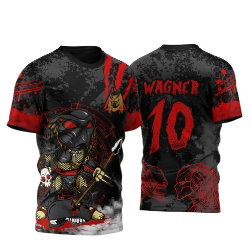 Camisa com arte de mascote Predador preto com olhos vermelhos e arpão na frente, fundo preto com detalhes em vermelho, costas com nome WAGNER, número 10 em vermelho e ilustrações vermelhas de duas cabeças estilizadas. Destaque para garras vermelhas no ombro.