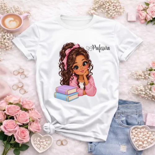 Arte Professora com Livros em CDR, fonte inclusa e texto editável. Ideal para camisetas e Dia dos Professores 2026 e 2027.