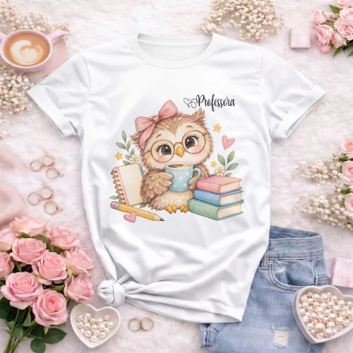 Arte Professora com corujinha fofa em CDR e fonte inclusa. Personalize o texto para camisetas, Volta às Aulas e Dia dos Professores 2026 e 2027.