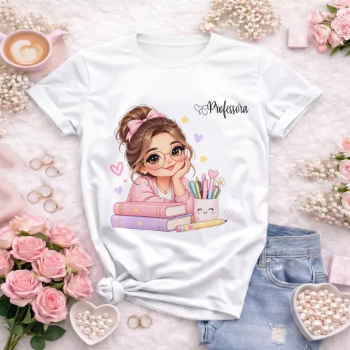 Arte Professora fofa com livros em CDR e fonte inclusa. Texto personalizável para camisetas, Volta às Aulas e Dia dos Professores 2026 e 2027.