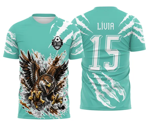Arte pronta de camisa escolar mascote gavião interclasse com numeração traseira grande e editável.