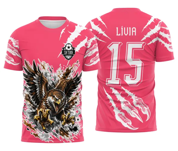 Arte pronta digital para uniforme interclasse com mascote gavião brabo de asas abertas, layout completo.