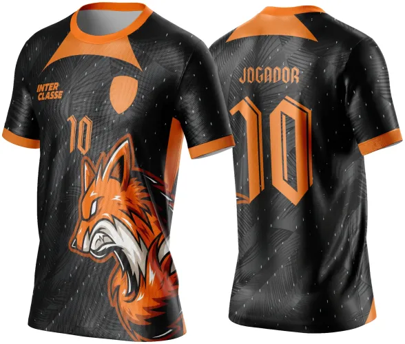 Camisa preta com detalhes e gola em laranja, frente com mascote de raposa laranja agressiva e número 10, texto INTER CLASSE no peito, nas costas número 10 grande e texto JOGADOR na parte superior.
