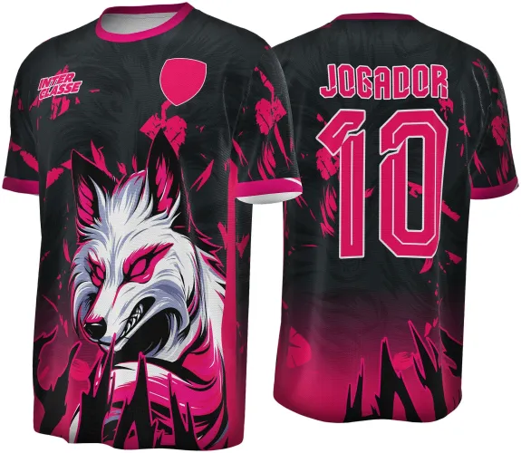 Camisa preta e rosa com raposa branca e cinza destacada na frente, com texto INTER CLASSE e escudo rosa. Costas com texto JOGADOR e número 10 em rosa com fundo degradê preto e rosa.