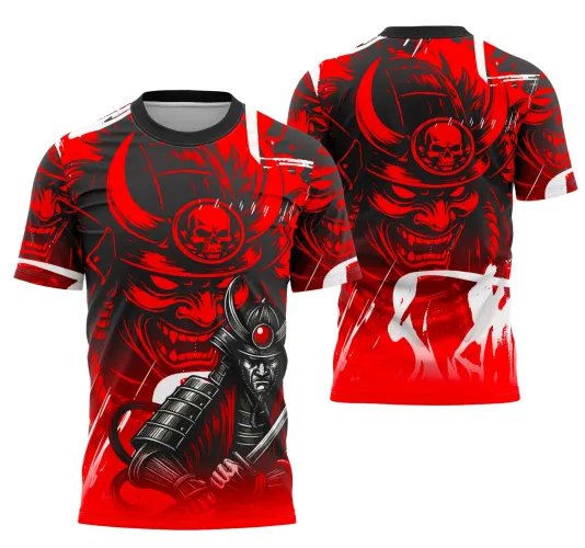 Camisa com arte samurai demoníaco em vermelho na frente e costas, máscara com chifres e caveira, cavaleiro em armadura preta segurando espada, fundos em degradê vermelho e preto, textos JOGADOR, INTER CLASSE e número 9 em branco.