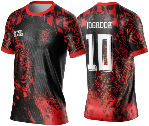 Camisa preta com gola e mangas vermelhas, frente com tigre robô vermelho e texto INTER CLASSE, costas com padrão geométrico em vermelho, número 10 e texto JOGADOR em branco.