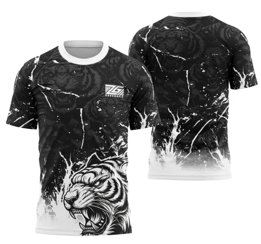 Camisa preta com detalhes em branco e tigres rugindo: frente com tigre branco destacado e logo ZS, costas com tigres pretos rugindo sobre fundo preto com efeitos de rachaduras e degradê branco.