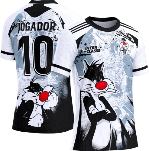 Camisa branca e preta com desenho do Frajola na frente, braços cruzados, fundo em degradê cinza e preto, texto INTER CLASSE e 3B no peito; costas com Frajola sério, texto JOGADOR e número 10 em preto.