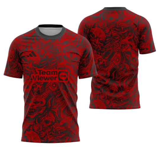 Camisa com padrão tribal vermelho sobre fundo preto, na frente destaque para logo Team Viewer e brasão em vermelho, nas costas arte tribal formada por demônios e dragões em vermelhos vivos e detalhes pretos