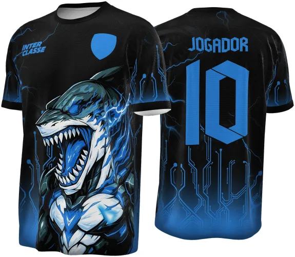 Camisa preta com tubarão ciborgue azul e branco na frente, logo INTER CLASSE e escudo azul, costas com número 10 e texto JOGADOR em azul, detalhes de circuitos e relâmpagos azuis