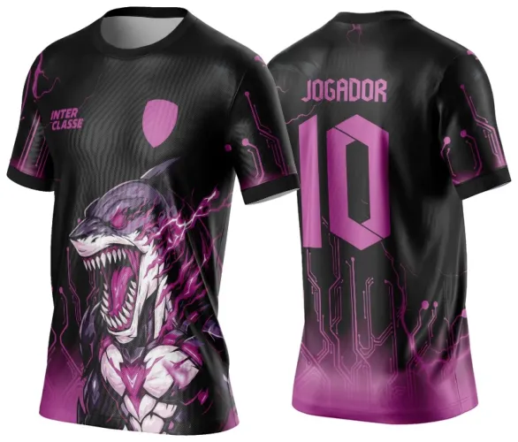 Camisa preta com degradê roxo na base, frente com tubarão ciborgue agressivo em tons rosa e branco, escudo rosa e texto INTER CLASSE. Costas exibem o número 10 e JOGADOR em rosa, com detalhes de circuitos eletrônicos também em rosa.