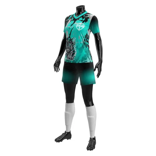 Camisa feminina de uniforme esportivo com estampa de tigre na frente, detalhes em preto e verde água, manchas artísticas e personalização de nome e número nas costas, cobrindo toda a peça.