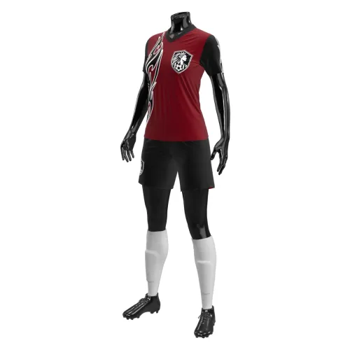 Camisa feminina de uniforme esportivo com estampa tribal em vermelho e preto, cobrindo frente, costas e mangas, com detalhes modernos e brasão no peito.