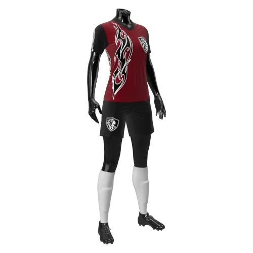 Camisa feminina de uniforme esportivo com estampa tribal em vermelho e preto, cobrindo frente, costas e mangas, com detalhes modernos e brasão no peito.