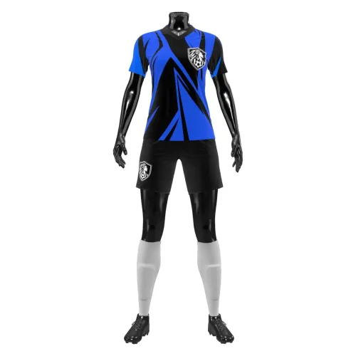 Camisa de futebol feminino com estampa geométrica azul e preta, escudo no peito, nome e número nas costas, cobrindo toda a peça, incluindo mangas e gola.