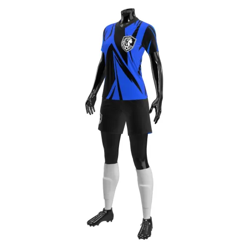 Camisa de futebol feminino com estampa geométrica azul e preta, escudo no peito, nome e número nas costas, cobrindo toda a peça, incluindo mangas e gola.