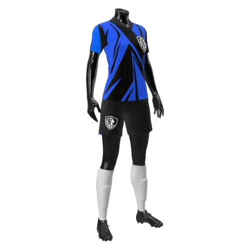 Camisa de futebol feminino com estampa geométrica azul e preta, escudo no peito, nome e número nas costas, cobrindo toda a peça, incluindo mangas e gola.