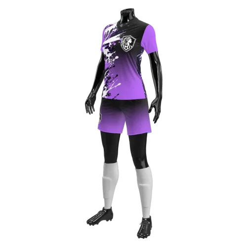 Camisa de futebol feminino com estampa roxa em splash, cobrindo frente, costas e mangas, com detalhes modernos, escudo estilizado e visual marcante para equipes.