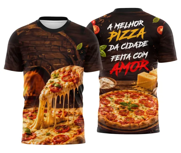 Camisa com logo no peito e estampa grande nas costas mostrando queijo queimando e derretendo com efeito realista, ideal para amantes de pizza e equipes de pizzaria que querem destaque e estilo na vestimenta.