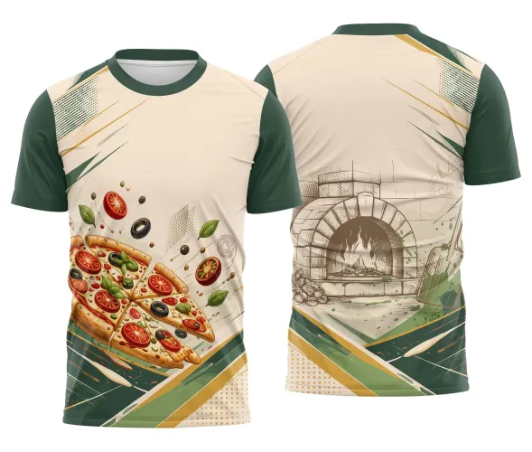 Camisa com logo no peito em verde e creme, apresentando estampa grande nas costas com forno rústico que destaca um design único e chamativo para pizzarias e ambientes autênticos.