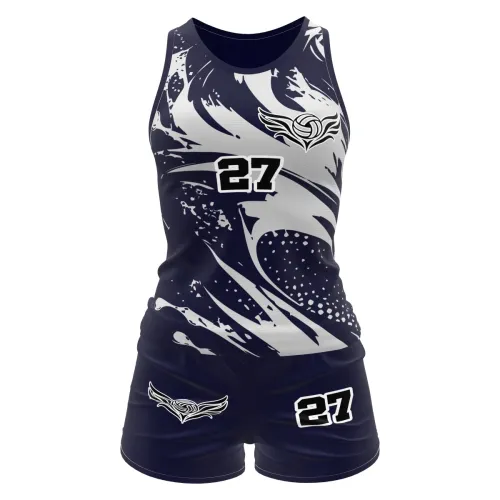 Camisa feminina de vôlei e futevôlei com estampa moderna em preto, branco e cinza, detalhes abstratos, número grande na frente e costas, nome personalizado e símbolo esportivo estilizado.