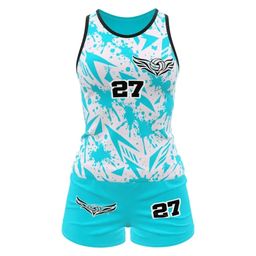 Camisa feminina de vôlei e futevôlei com estampa splash azul e branca, detalhes modernos, número e nome personalizados, cobrindo frente, costas e mangas.