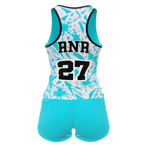Camisa feminina de vôlei e futevôlei com estampa splash azul e branca, detalhes modernos, número e nome personalizados, cobrindo frente, costas e mangas.