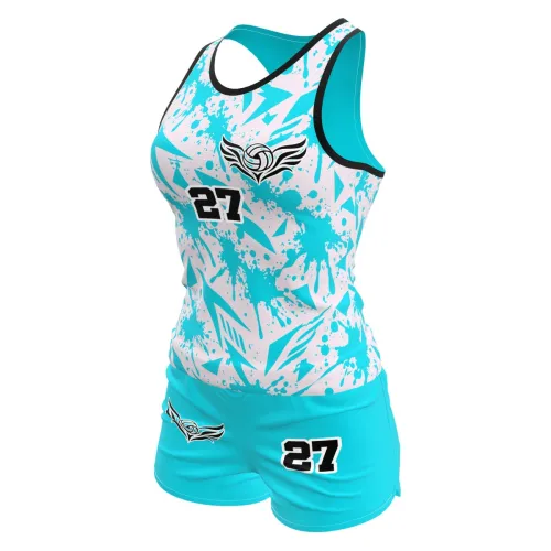 Camisa feminina de vôlei e futevôlei com estampa splash azul e branca, detalhes modernos, número e nome personalizados, cobrindo frente, costas e mangas.