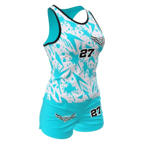 Camisa feminina de vôlei e futevôlei com estampa splash azul e branca, detalhes modernos, número e nome personalizados, cobrindo frente, costas e mangas.