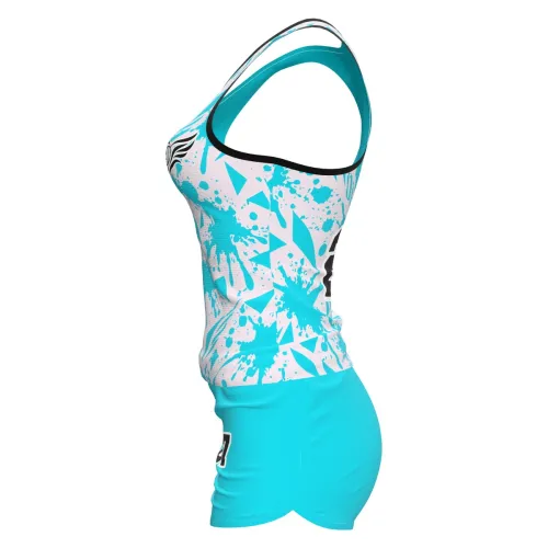 Camisa feminina de vôlei e futevôlei com estampa splash azul e branca, detalhes modernos, número e nome personalizados, cobrindo frente, costas e mangas.