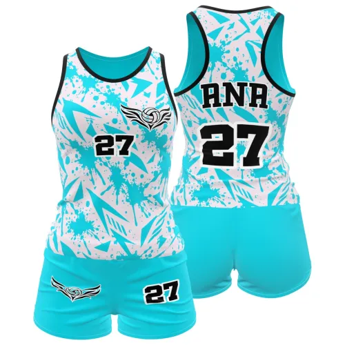 Camisa feminina de vôlei e futevôlei com estampa splash azul e branca, detalhes modernos, número e nome personalizados, cobrindo frente, costas e mangas.