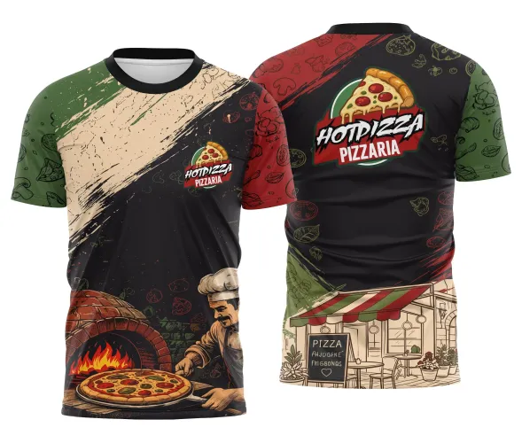 Camisa com logo no peito verde, combinando preto na base, exibe estampa grande nas costas com desenho detalhado de fachada italiana típica de pizzaria, unindo estilo clássico e moderno.
