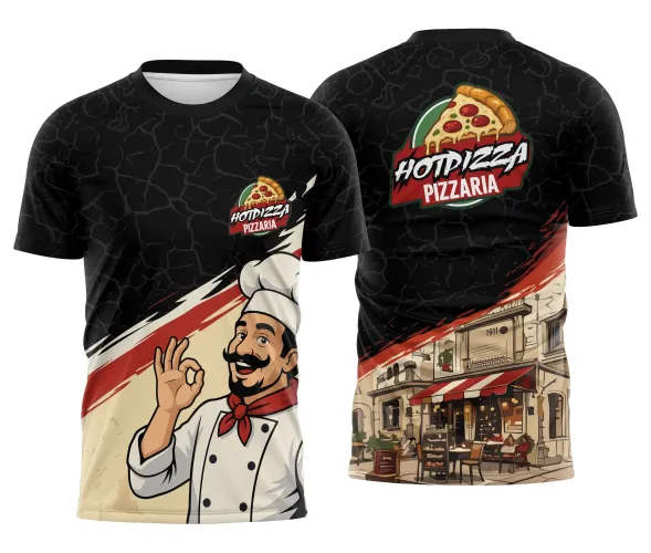 Camisa preta e vermelha com logo no peito e estampa grande nas costas, ideal para equipe de pizzaria, destacando um visual moderno e profissional.