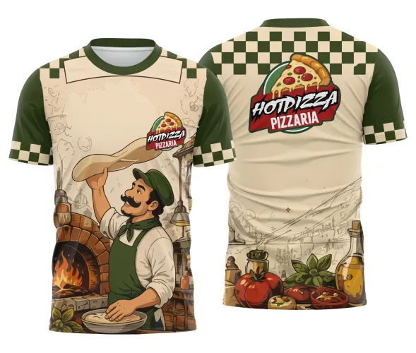 Camisa xadrez verde com logo no peito e estampa grande nas costas mostrando um pizzaiolo girando a massa da pizza com expressão animada e design vibrante.