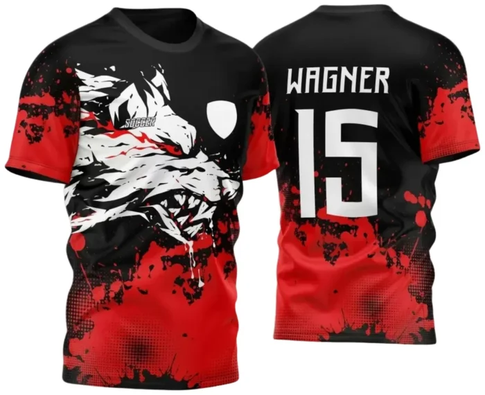 Camisa Interclasse Vermelha e Preta Lobo Feroz – Arte Vetor Pronta