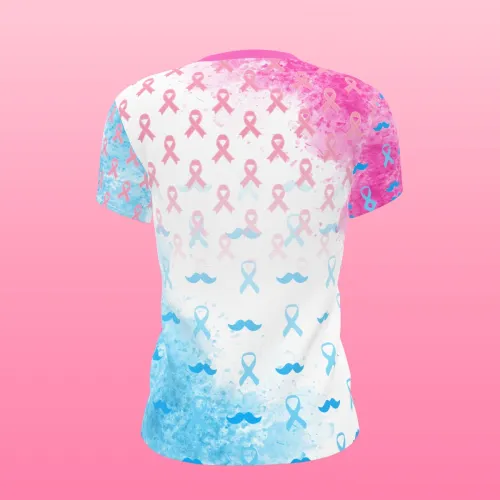 Camisa estampada por inteiro com ilustrações unindo Outubro Rosa e Novembro Azul, trazendo conscientização para prevenção do câncer de mama e próstata, com design vibrante na frente, costas e mangas.