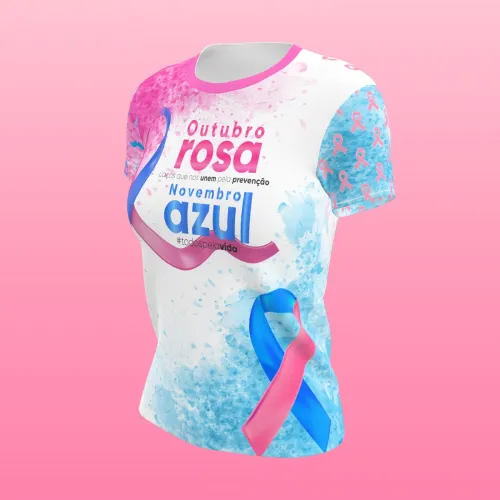 Camisa estampada por inteiro com ilustrações unindo Outubro Rosa e Novembro Azul, trazendo conscientização para prevenção do câncer de mama e próstata, com design vibrante na frente, costas e mangas.