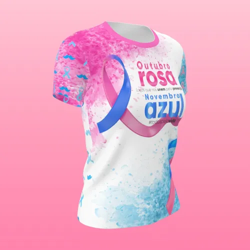 Camisa estampada por inteiro com ilustrações unindo Outubro Rosa e Novembro Azul, trazendo conscientização para prevenção do câncer de mama e próstata, com design vibrante na frente, costas e mangas.