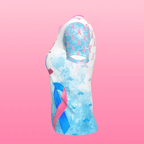 Camisa estampada por inteiro com ilustrações unindo Outubro Rosa e Novembro Azul, trazendo conscientização para prevenção do câncer de mama e próstata, com design vibrante na frente, costas e mangas.