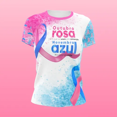 Camisa estampada por inteiro com ilustrações unindo Outubro Rosa e Novembro Azul, trazendo conscientização para prevenção do câncer de mama e próstata, com design vibrante na frente, costas e mangas.